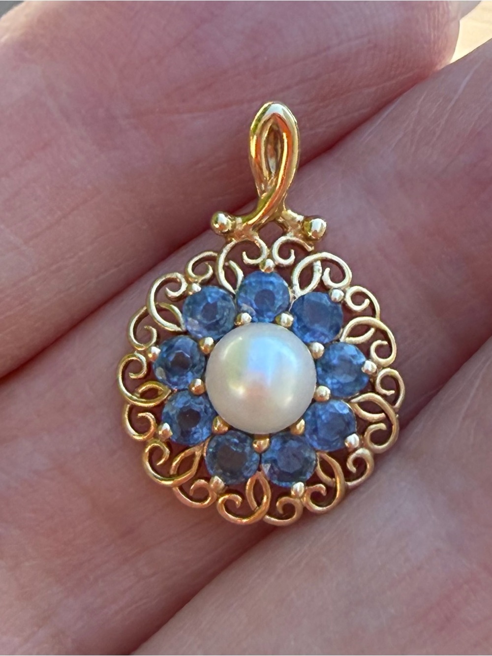 14K Yellow Gold London Blue Topaz & Cultured Pearl Floral Filigree Pendant